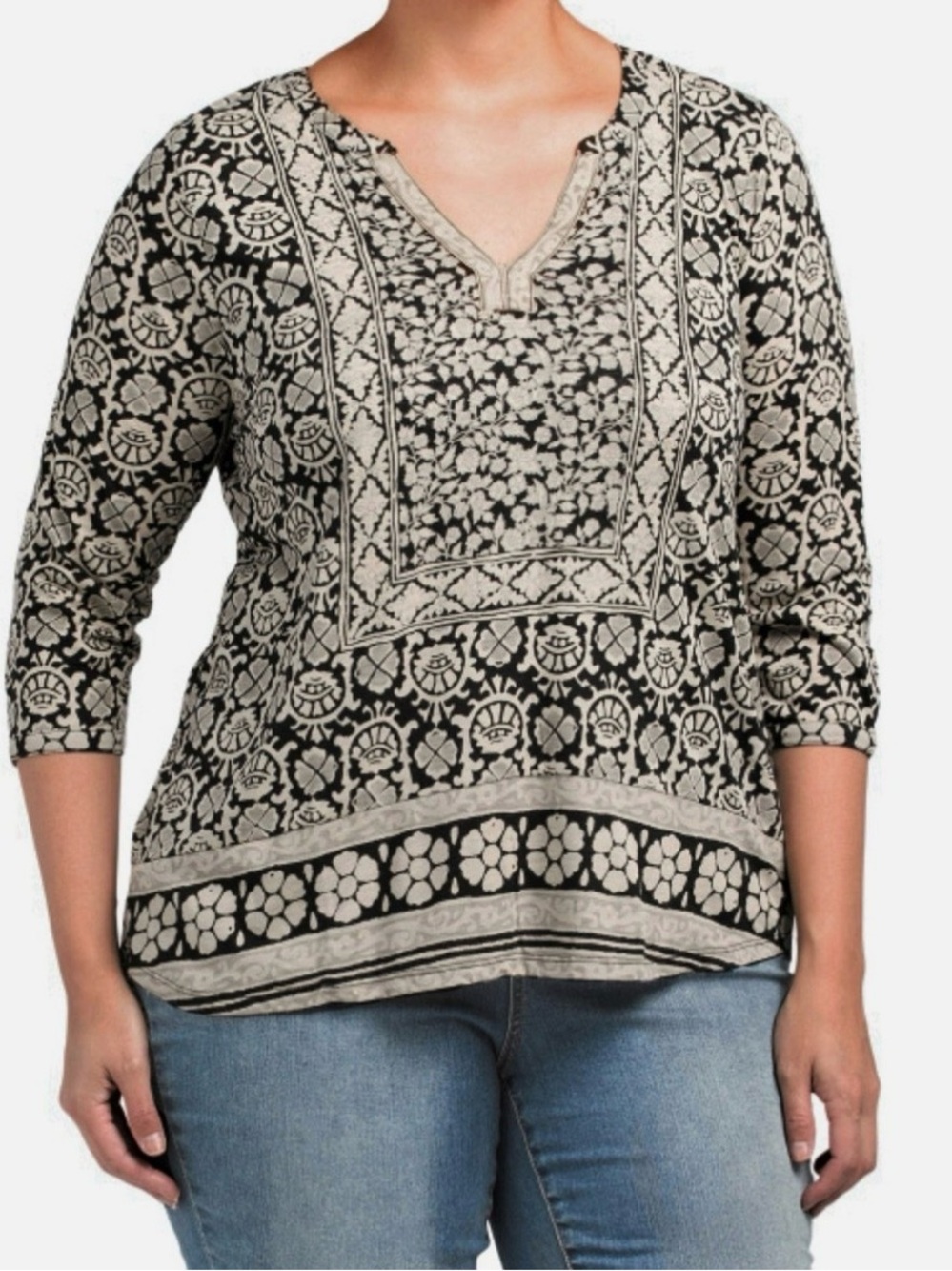 Lucky Brand Black and Cream Print V-Notch Tunic